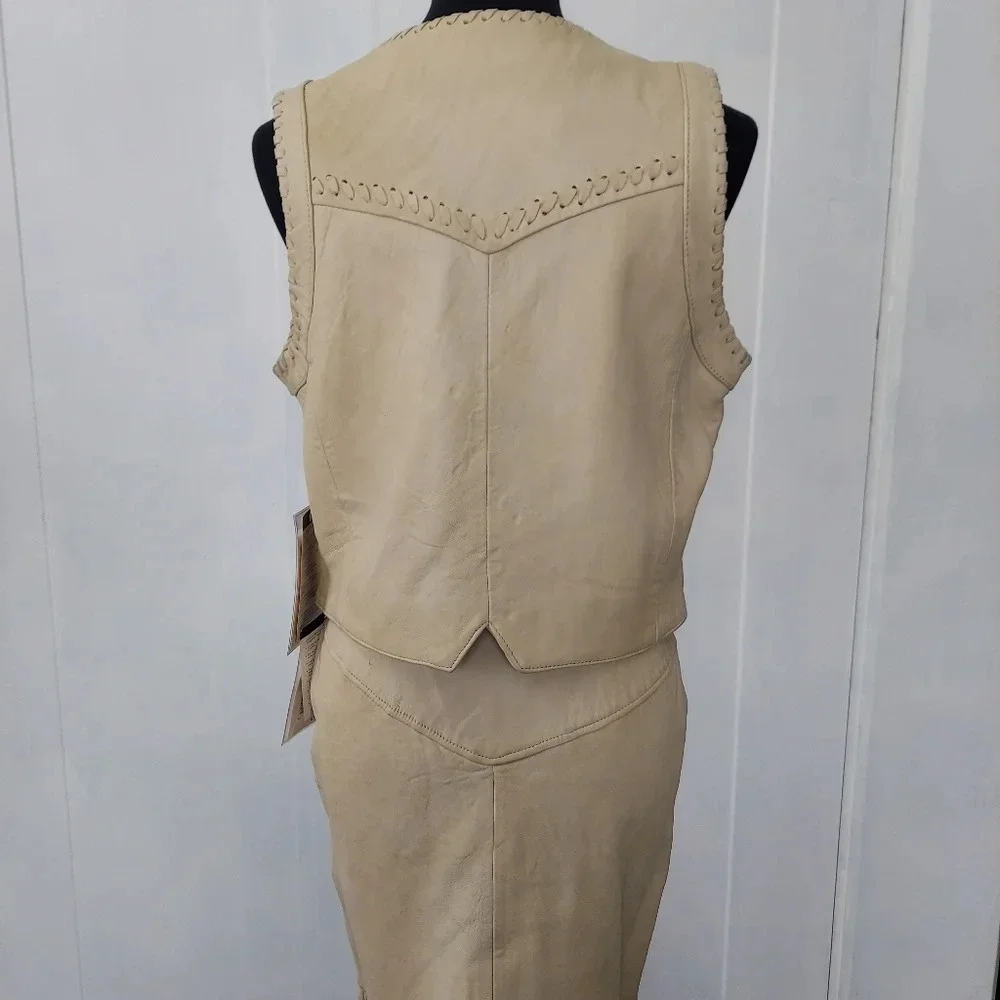 Pioneer Wear Vintage NOS Cream Leather Button Down Front Fringed A-Line Skirt‎
